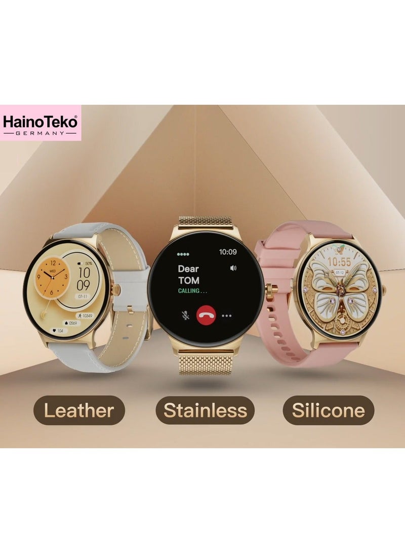 هينو تيكو HainoTeko-5 Super Slim Smart Watch Round Shape AMOLED Display With Waterproof AI Voice Assistance and 3 Pair Straps For Ladies Gold - Image 5